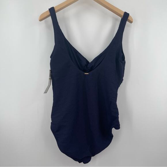 ANNE COLE Twist Front Navy Swimsuit One Piece Textured Cut Out Swim NWT Size 12 - Picture 3 of 11
